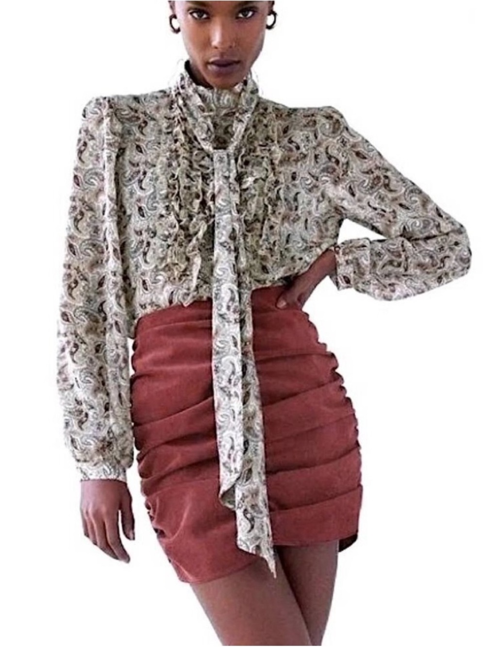 NWT Zara Draped Ruched Corduroy Mini Skirt in Burgundy Medium